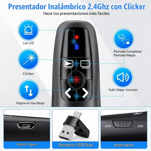 Vista 2 de Clicker de presentación USB tipo C 2 en 1, Clicker para presentación de PowerPoint Control remoto inalámbrico recargable, RF 2.4GHz USB PowerPoint