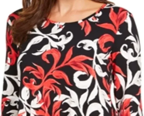 Vista 2 de JM Collection Camiseta estampada con cuello redondo para mujer, color rojo, talla XS, Rojo, XS