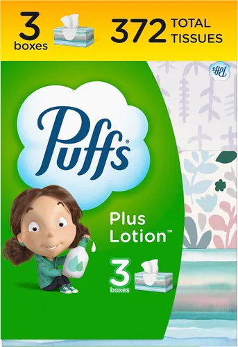 Vista 2 de Puffs Plus Loción Facial pañuelos, 3 cajas familiares, 124 pañuelos por caja