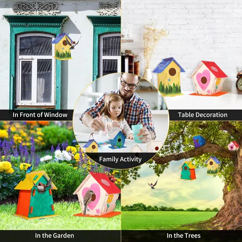 Vista 7 de ILHSTY Paquete de 18 casas de pájaros de madera grandes pintables para niños, manualidades para niños, casas de madera para manualidades, fiestas