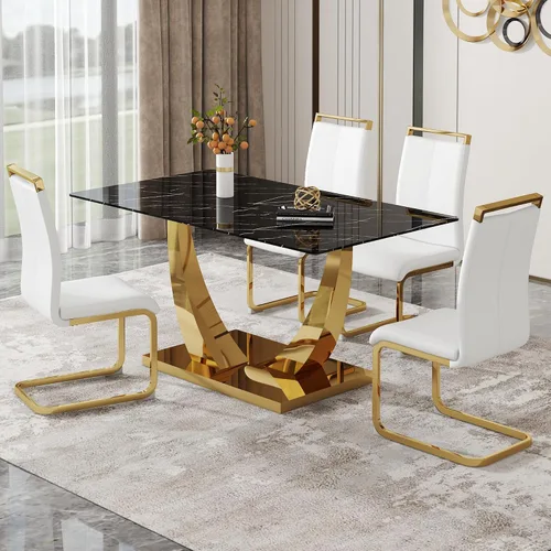 Vista 31 de Juego de mesa de comedor de 63 pulgadas para 4, juego de mesa de comedor dorado moderno para 4, juego de mesa de cocina de mármol sintético
