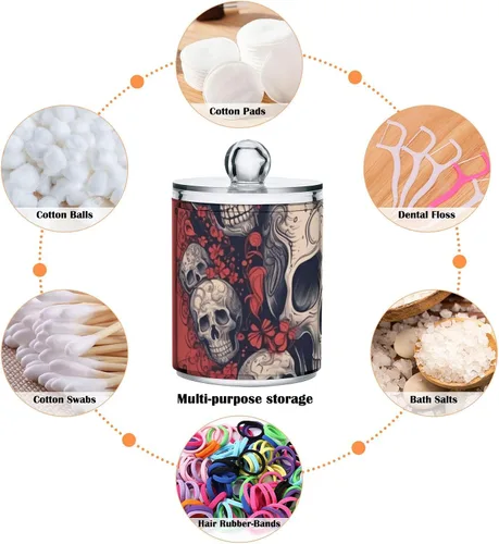 Vista 4 de Vnurnrn Qtip - Dispensador de bolas de algodón con tapa, estampado de corazones y calaveras, tarros de plástico, recipientes de baño, organizador