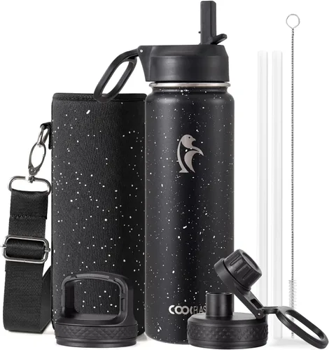Vista 80 de Coolflask Botella de agua de 20 onzas aislada con pajilla, 3 tapas de metal de acero inoxidable, botella de agua de boca ancha para deportes u