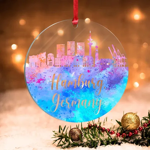 Vista 21 de Alemania Frankfurt Skyline Adorno de Navidad 2022 Alemania Frankfurt, arte de acuarela, adornos de Navidad para niños, colorido paisaje de ciudad
