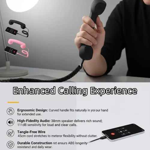 Vista 7 de Auricular telefónico retro para iPhone y Android, receptor de teléfono celular con micrófono y altavoz, accesorio de estilo de los 90 para fotos