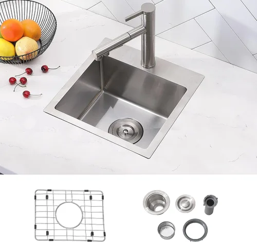 Vista 8 de Friho Fregadero de barra empotrable negro de 15 x 15 pulgadas, fregadero de cocina de acero inoxidable de un solo tazón montado en superficie