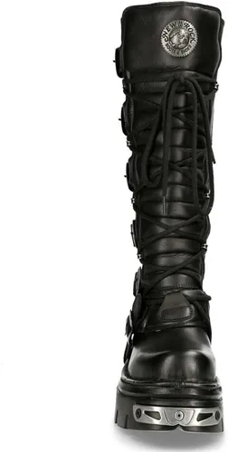 Vista 4 de New Rock Botas altas góticas Emo de cuero negro metálico 272-S1 para hombre con cierre de encaje y hebilla