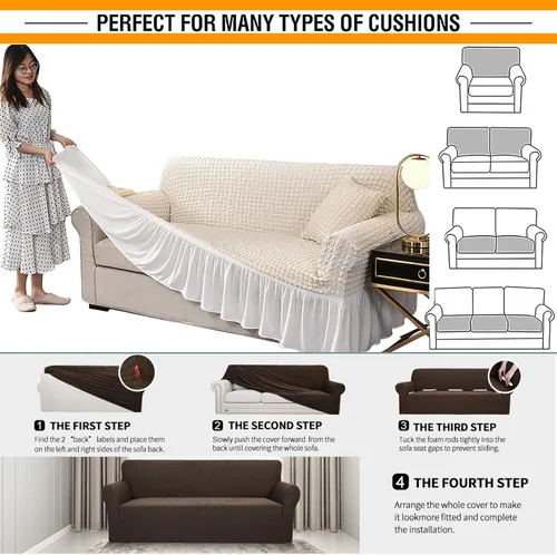 Vista 7 de Funda para sofá de 1 pieza para sofá de 1, 2, 3, 4, con falda, duradera, lavable, de alta elasticidad, fácil ajuste, protector universal de muebles