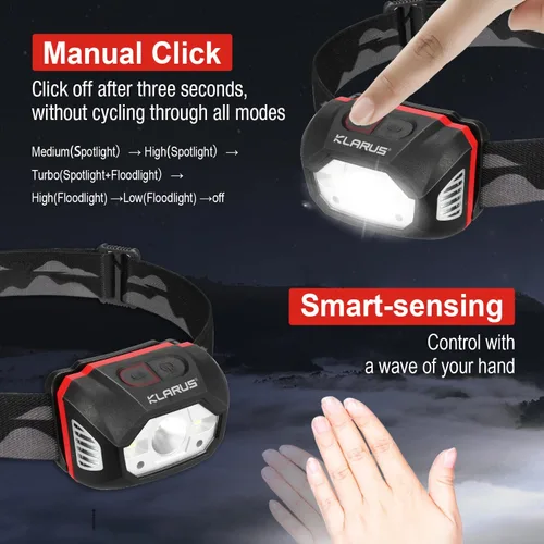 Vista 3 de klarus HM1 2PCS IPX6 Linterna frontal recargable impermeable con sensor de movimiento: 70 horas de duración de la batería, carga completa en 2.5