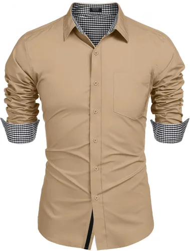 Vista 4 de COOFANDY Camisa de vestir de negocios para hombre, manga larga, ajuste regular, camisa de moda, de algodón, casual, con botones