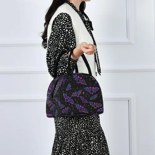 Vista 7 de Bolsa de almuerzo reutilizable para Halloween, colores arcoíris, murciélagos, estrellas, bolsa térmica aislada para el regreso a la escuela