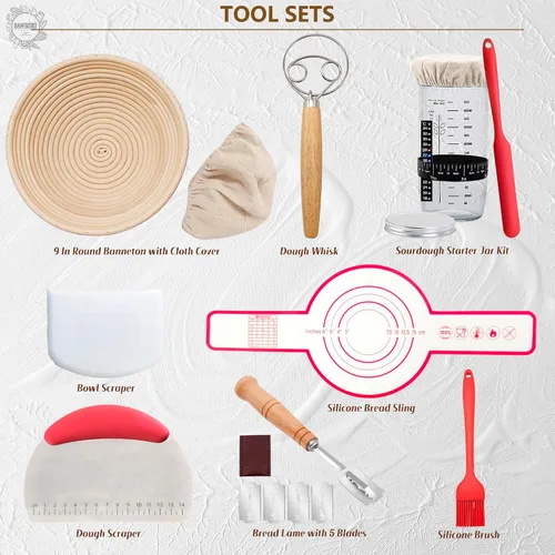 Vista 8 de Kit completo de iniciador de masa madre, canasta de fermentación de pan Banneton con frasco de vidrio para iniciador de masa madre, suministros