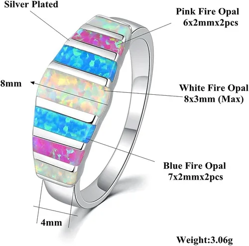 Vista 2 de CiNily Anillos de ópalo para mujer, diseño de ópalo de fuego blanco, azul, rosa, plata, anillo de piedras preciosas chapado en plata, talla 5-13