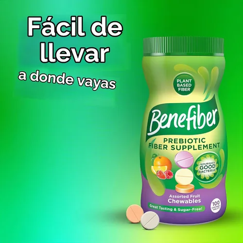 Vista 6 de Benefiber Tabletas masticables de suplemento de fibra prebiótica para la salud digestiva, sabores surtidos de frutas, 100