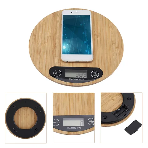 Vista 7 de Gavigain - Báscula digital redonda de bambú con 6 unidades, pantalla LCD, función de tara, báscula de alimentos de cocina de hasta 11.0 lbs