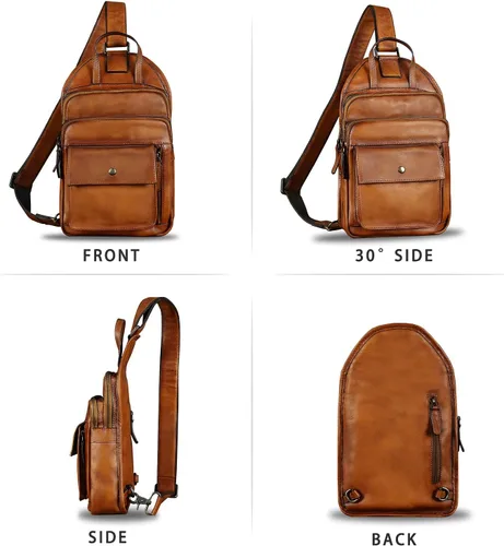 Vista 4 de Bolso bandolera de cuero genuino para hombres y mujeres, estilo vintage, de cuero real, a la moda, mochila bandolera para el hombro, bolso cruzado