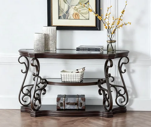 Vista 8 de SSLine Mesa auxiliar de madera vintage, elegante mesa de cóctel rectangular curvada con parte superior de vidrio templado y estante de mármol, mesas