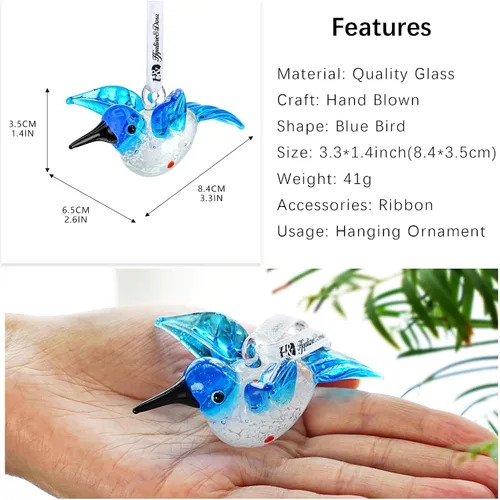 Vista 2 de Adorno de vidrio soplado – colibrí, 3 pulgadas, cristal de arte de pájaro azul, coleccionable, decorativo, colgante, para árbol de Navidad, ventana