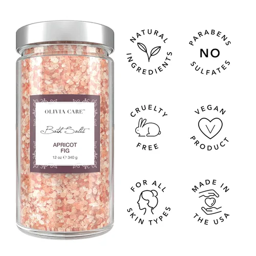 Vista 3 de Olivia Care Sales de baño rosas del Himalaya con higos de albaricoque - Alivia y relaja los músculos. Exfolia, cura, rejuvenece, limpia y calma
