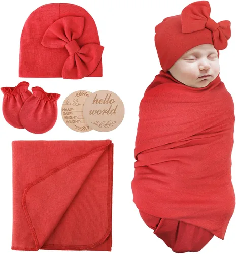 Vista 10 de AQOKKA Manta de Recepción para Recién Nacido con Gorro de Lazo Mitones Juego de Tarjetas de Madera para Recién Nacidos Niños Pequeños Bebé Niño Niña