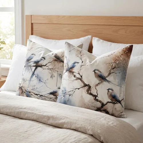 Vista 4 de Juego de 2 fundas de almohada decorativas de terciopelo de 18 x 18 pulgadas, estampado de pájaros y ramas en acuarela, felpa suave con acento neutro
