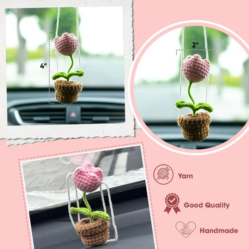 Vista 2 de Tulip - Adorno de ganchillo hecho a mano para automóvil, bonita flor de tulipán rosa, flor en maceta, cesta bohemia de punto para espejo retrovisor