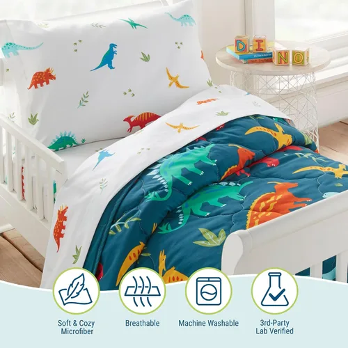 Vista 2 de Wildkin Cama para niños pequeños en una bolsa, juego de ropa de cama de microfibra de 4 piezas con edredón, funda de almohada y sábanas, dinosaurios