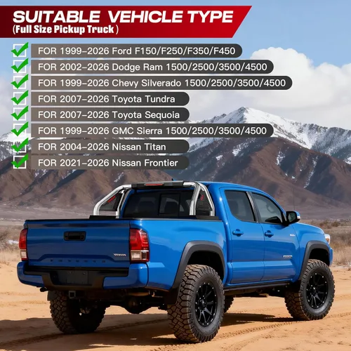 Vista 2 de SYHVU Barra de Rollo Deportiva Ajustable Universal para Cama de Camión, Barras de Rollo de Acero Inoxidable Compatibles con Dodge Ram