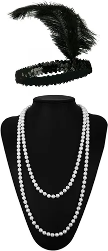 Vista 5 de Leadtex Disfraz de flapper con flecos, de los años 1920, para mujer, con diadema de plumas, collar de cuentas