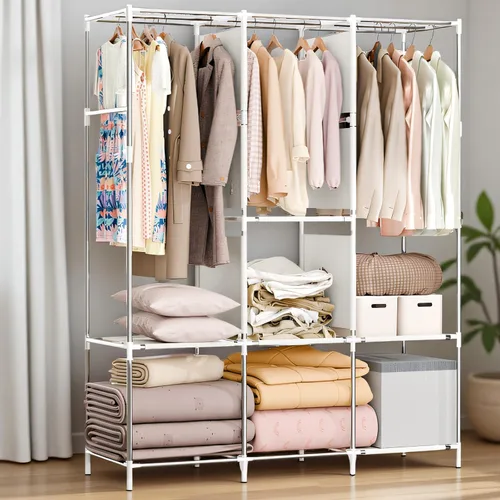 Vista 7 de BAOKALER Armario portátil para colgar ropa de 67 pulgadas de ancho, gran capacidad, armario portátil con tapa, estantes de almacenamiento y 3