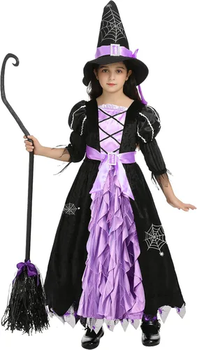 Vista 2 de Doxrmuru Disfraz de bruja de cuento de hadas para niñas de Halloween con sombrero de bruja
