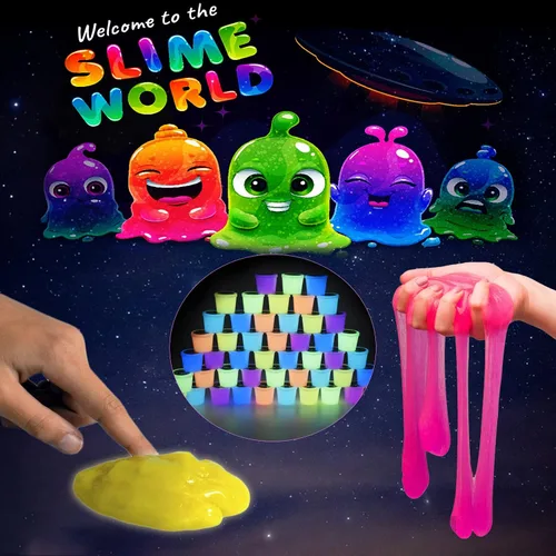 Vista 2 de Paquete de 48 juguetes de limo Galaxy Slime, que brilla en la oscuridad, recuerdos de fiesta para niñas y niños, no pegajosos, súper suaves