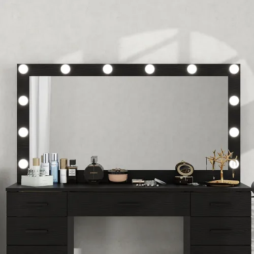 Vista 5 de Escritorio de tocador con espejo grande y luces, 11 cajones, mesa de maquillaje con taburete, 3 modos de iluminación, brillo ajustable, tocador