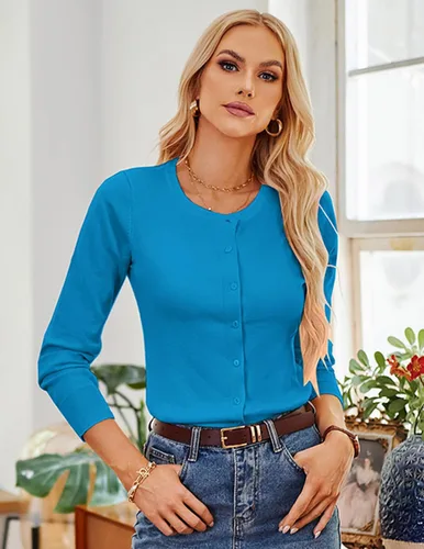 Vista 6 de GRACE KARIN Suéter de punto ligero con botones para mujer Azul (Acid Blue)
