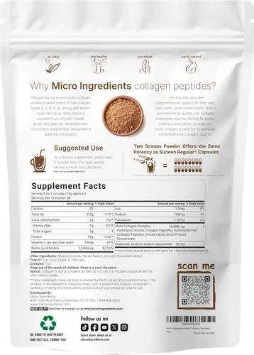 Vista 2 de Micro Ingredients Péptidos multicolágeno en polvo, 2 libras Tipo I, II, III, V, X + biotina, vitamina C y ácido hialurónico Sabor a chocolate