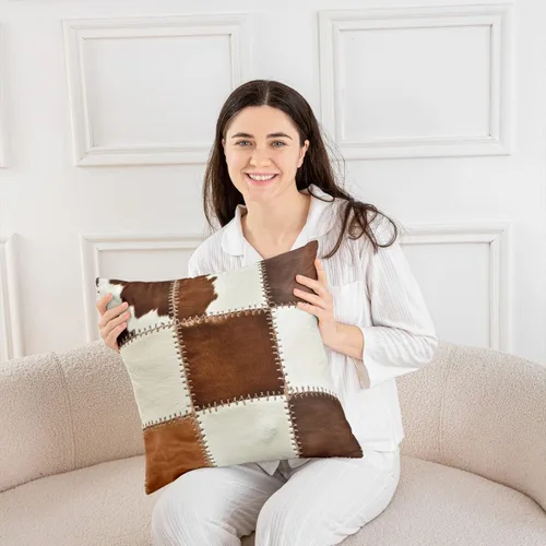 Vista 5 de Feelyou Funda de almohada de piel de vaca, funda de cojín rústica de retazos occidentales para decoración del hogar, sala de estar, funda de cojín