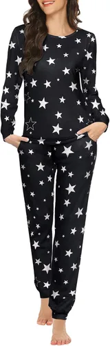 Vista 16 de Ekouaer - Conjunto de pijama de manga larga para mujer, ropa de dormir suave con cuello redondo y bolsillos, conjuntos de ropa de descanso Negro