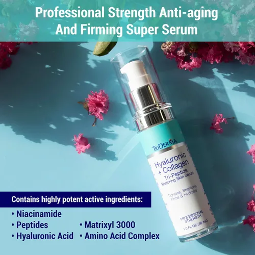 Vista 5 de TriDerma Suero de ácido hialurónico para cara con péptidos de colágeno, 5% niacinamida y matrixyl 3000, suero facial antienvejecimiento de fuerza