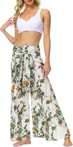 Vista 7 de Lrady Pantalones de pijama de pierna ancha para mujer, estilo palazzo, cintura alta, cinturón atado, playa, bohemio, holgado, yoga, atlético