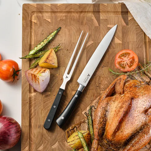 Vista 2 de Juego de Trinchar Pavo, Mango Ergonómico de Espiga Completa Cuchillo y Tenedor de Trinchar, Herramientas de Cocina de Acero Inoxidable Alemán