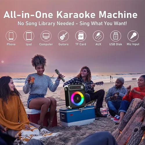 Vista 5 de Máquina de karaoke con 2 micrófonos inalámbricos, woofer mejorado de 6.5 pulgadas y tweeter de 2 pulgadas: altavoz de karaoke portátil Bluetooth