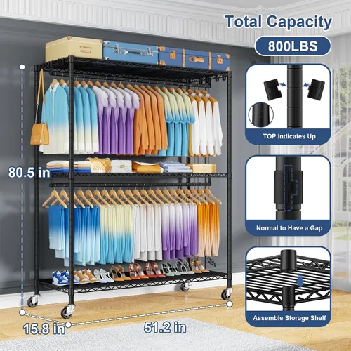 Vista 2 de P8 Perchero de Ropa Resistente (Con Diseño de Ancho Extendido) Percheros Rodantes para Colgar Ropa, Perchero Portátil con Ruedas Bloqueables, 51.2