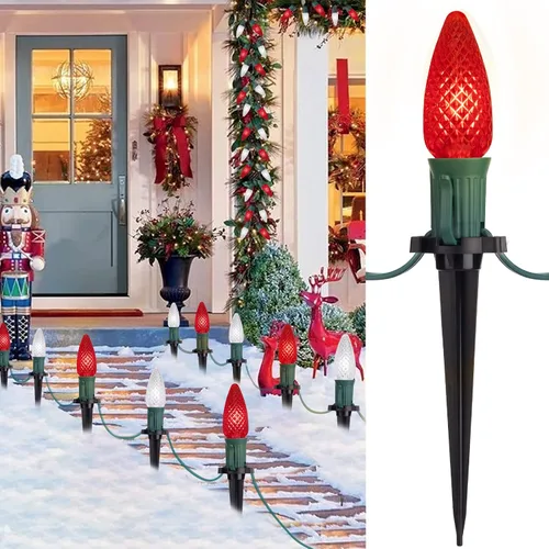 Vista 9 de Tira de luces LED estilo sendero de Navidad para exteriores; tira de 20 luces LED C9 con carcasa de fresa y estaca, interconectables, luz cálida