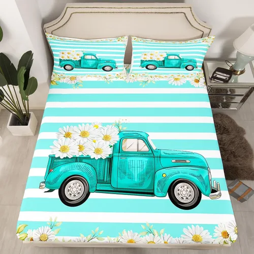 Vista 4 de Homewish Juego de sábanas con diseño de margaritas y flores para niños, juego de sábanas con diseño de rayas de color verde azulado para niños