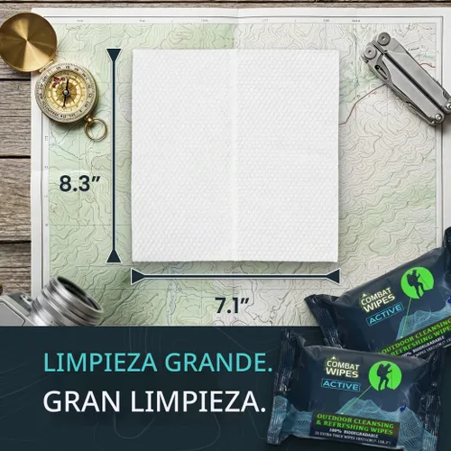 Vista 8 de Combat Wipes ACTIVE - Toallitas húmedas para exteriores, equipo de campamento extra grueso, biodegradable, limpieza corporal y de manos, paños