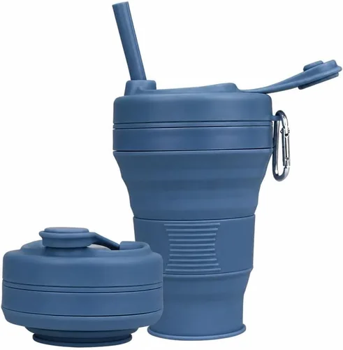 Vista 13 de Taza de Café de Silicona con Pajita y Tapa, Tazas Plegables para Viajar, 20oz, Taza de Agua Plegable Ligera para Picnic, Senderismo, Camping, Negro