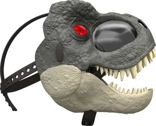 Vista 6 de Mattel Jurassic World Rebirth T-Rex Rage N Roar Máscara con ojos LED que se iluminan, acción de parpadeo con efecto de agresión de 3 niveles