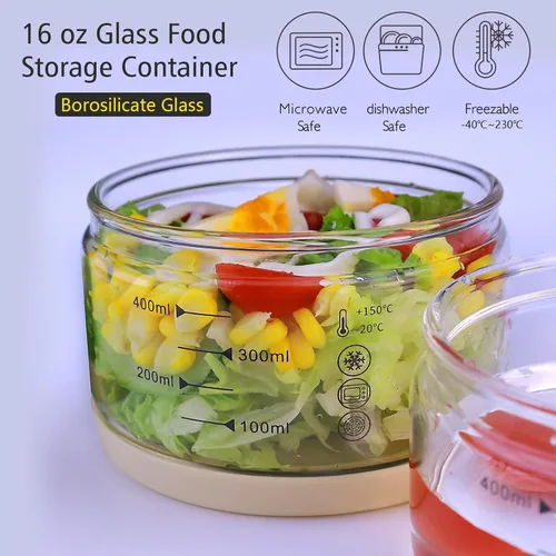 Vista 4 de Recipiente de vidrio de 16 onzas con tapa de silicona, recipiente de almacenamiento de alimentos de vidrio, transparente, recipientes