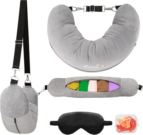 Vista 11 de Almohada de viaje para el cuello rellenable con ropa, almohada para el cuello rellenable para viajar, bolsa de almacenamiento rellenable y plegable