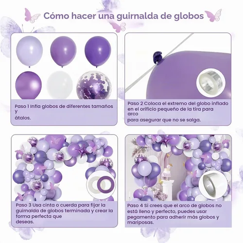 Vista 3 de PERPAOL Kit de guirnalda de globos morados de 150 piezas con calcomanías de mariposa, arco de globos de confeti morado metálico y macarrón blanco